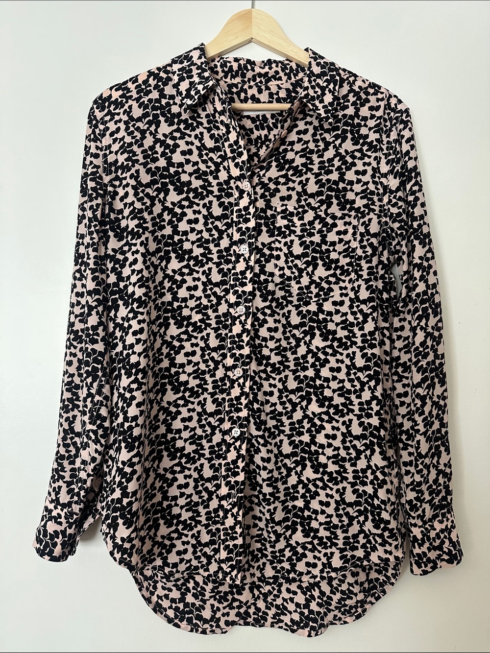 Equipment Pink and Black Gingko Print 100% Silk Button-Down Shirt